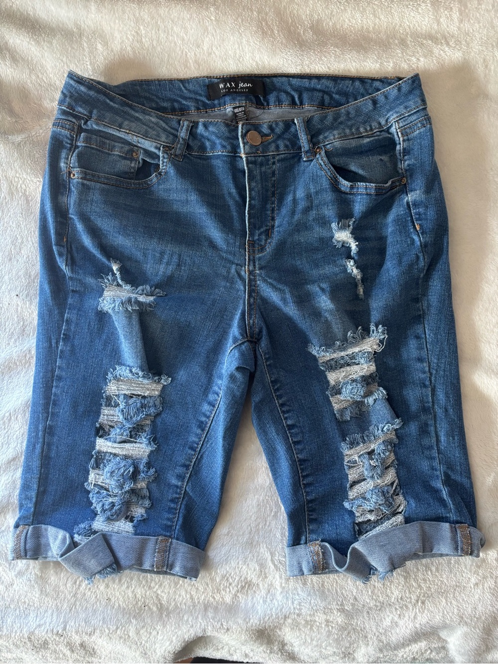 Wax Jean Distressed Medium Blue Boyfriend Bermuda Shorts